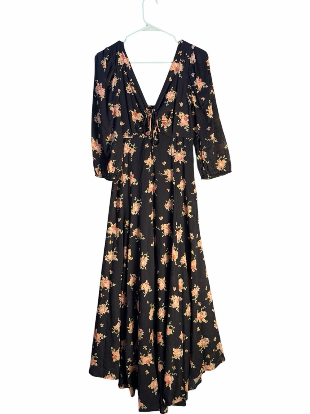 Free People Sea Glass Black Floral Print Balloon Sleeve Maxi Dress
